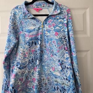 Lilly Pulitizer Loves North Carolina Floral Blue and Pink Quarter-Zip Pullover.